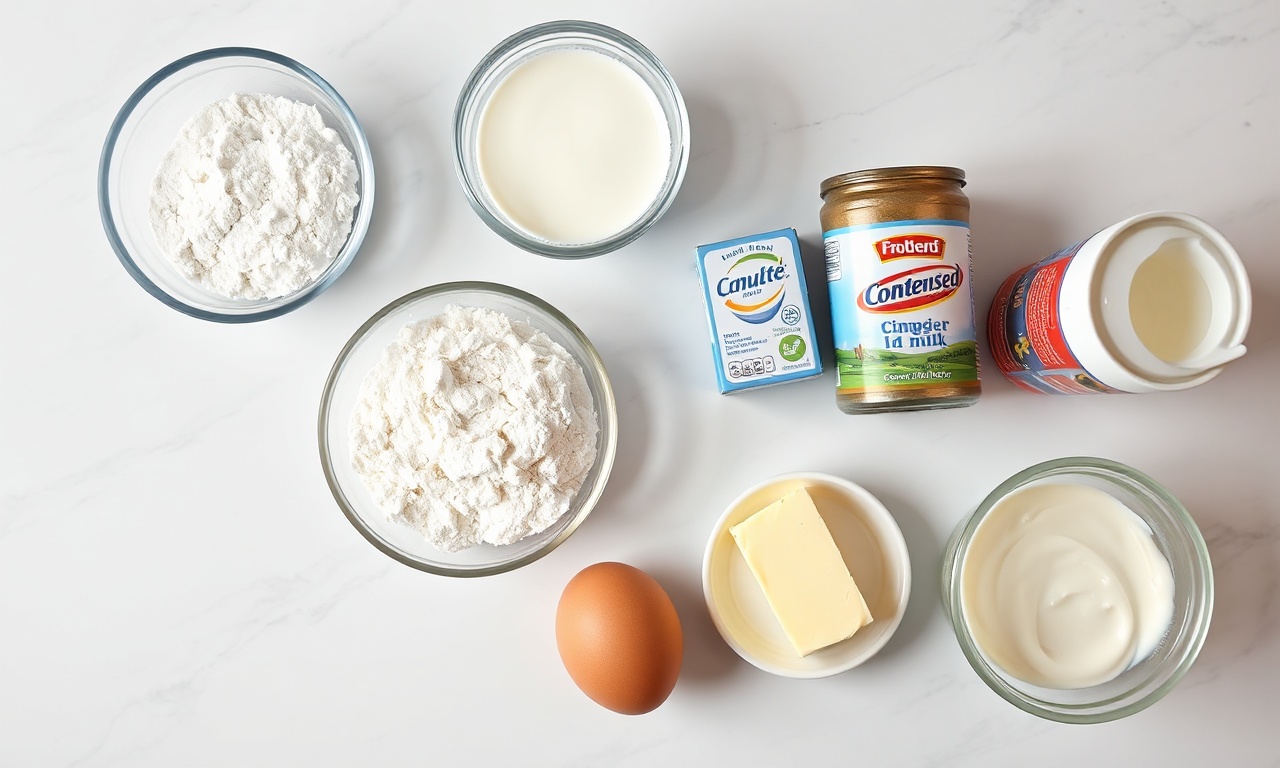 Vista de cima dos ingredientes organizados para a massa e recheio