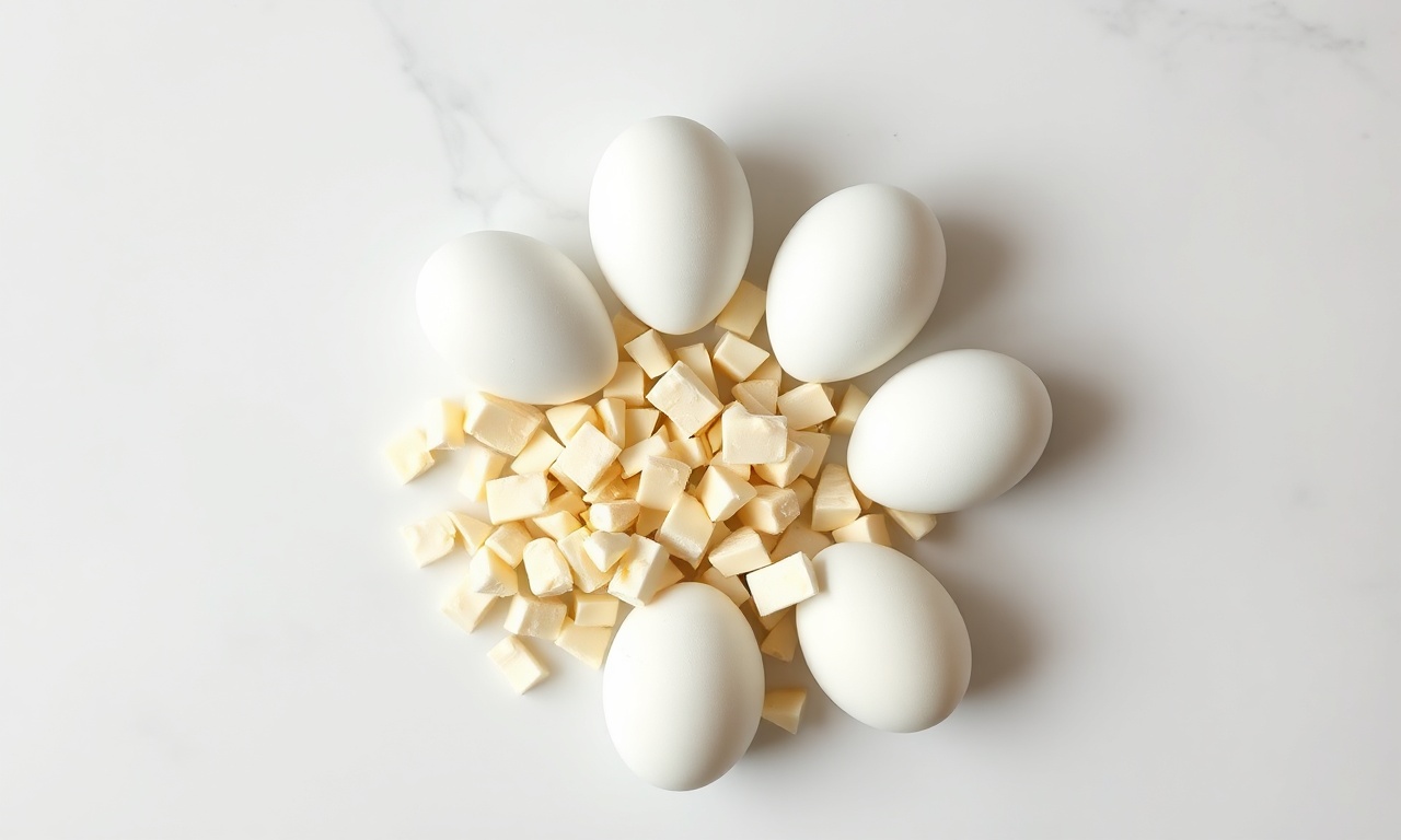 Vista de cima dos ingredientes: ovos inteiros e chocolate branco picado.