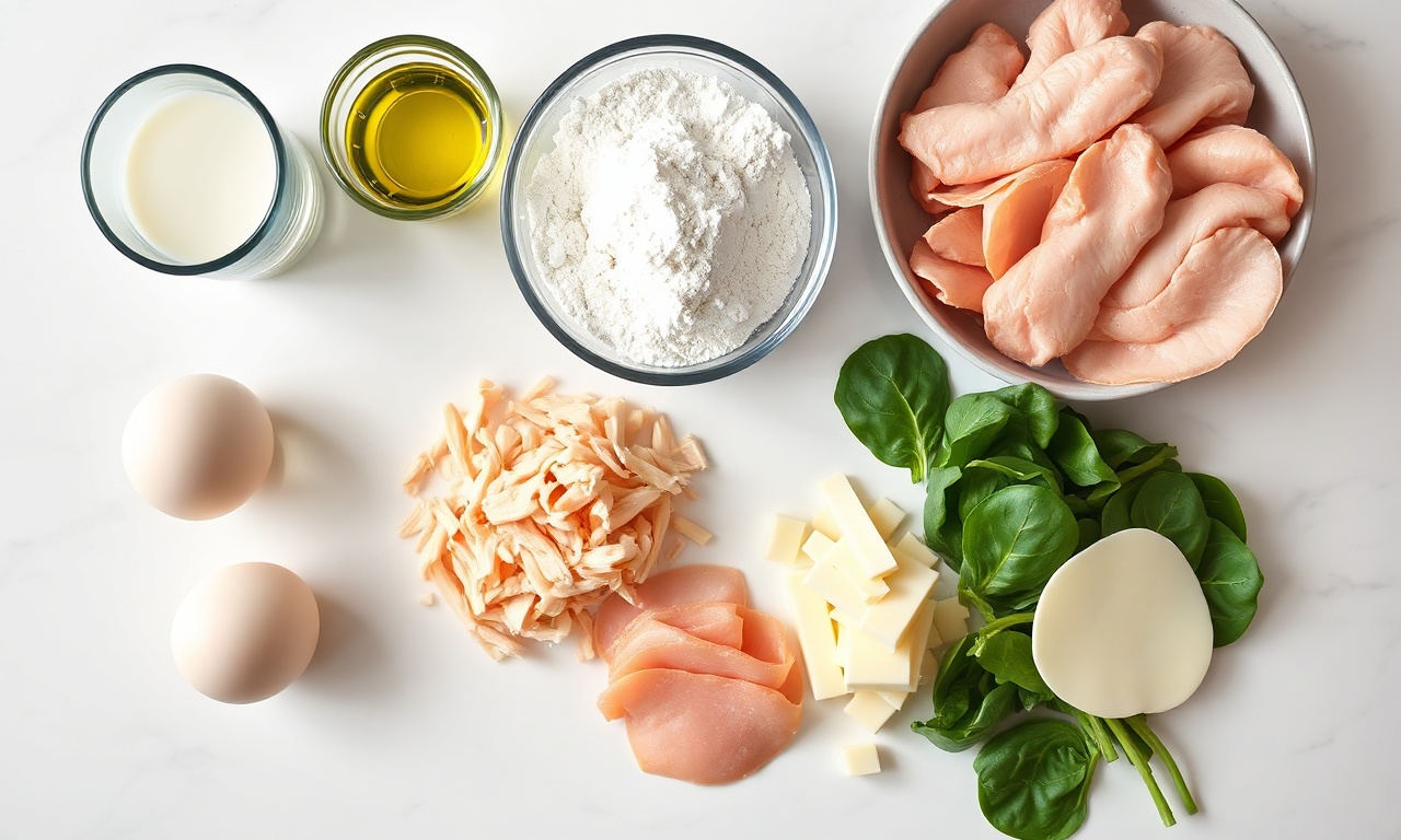 Vista de cima dos ingredientes para a massa e os recheios, organizados sobre uma superfície de mármore.