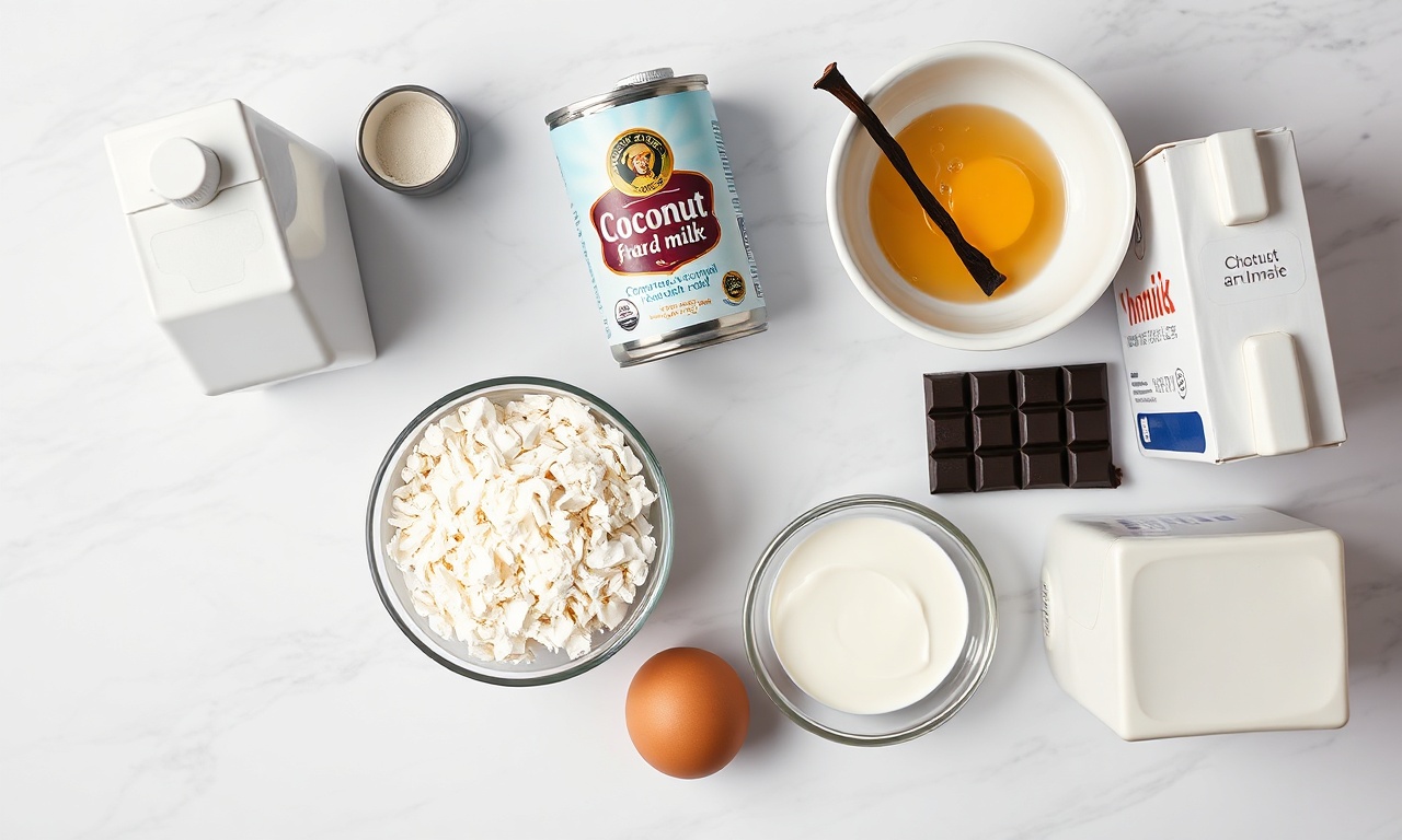 Bombom De Coco De Travessa Com Bolo Fácil E Cremoso 4 Vista de cima dos ingredientes organizados em tigelas e recipientes.