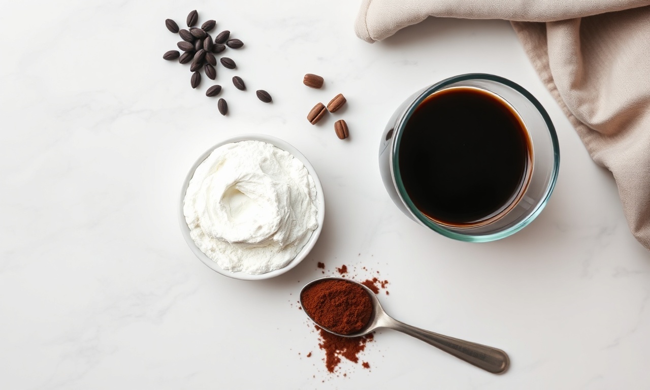Vista superior dos ingredientes crus: leite em pó, cacau e café.