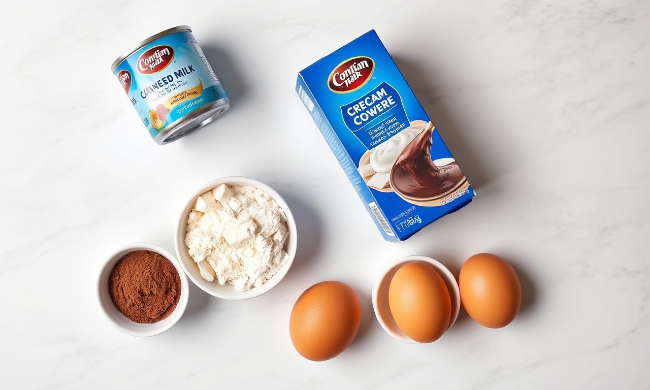 Vista de cima dos ingredientes organizados: leite condensado, creme de leite, cacau, farinha, manteiga e ovos.