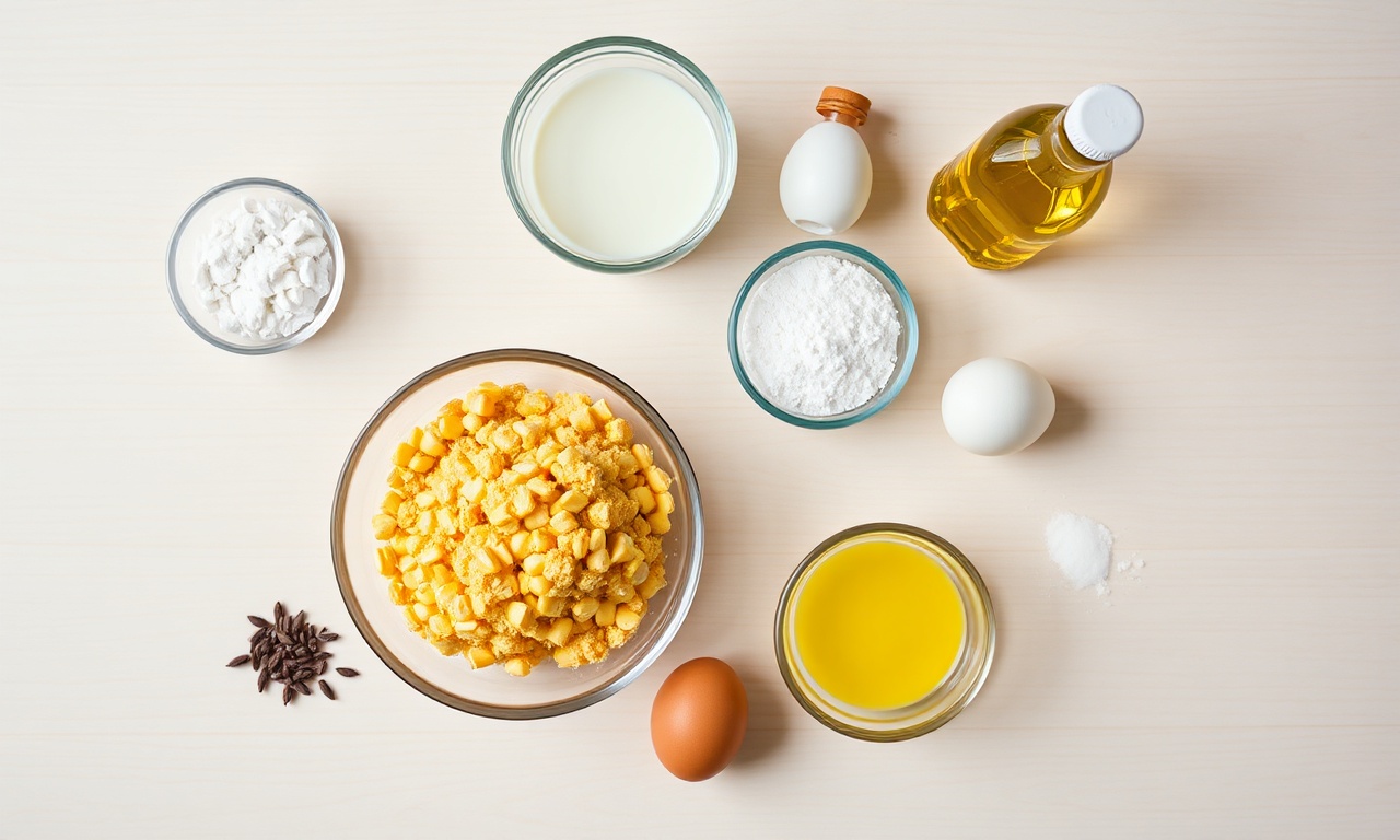 Vista de cima com todos os ingredientes medidos e organizados.