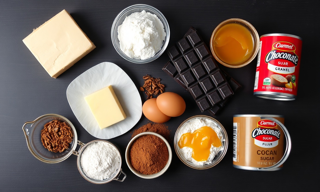 Brownie Com Caramelo Firme No Centro: Fácil E Irresistível 4 Vista de cima dos ingredientes organizados para a receita.