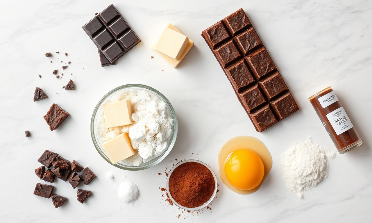 Brownie Com Casquinha Crocante E Miolo Cremoso: Receita Infalível 4 Vista de cima dos ingredientes organizados em superfície de mármore.