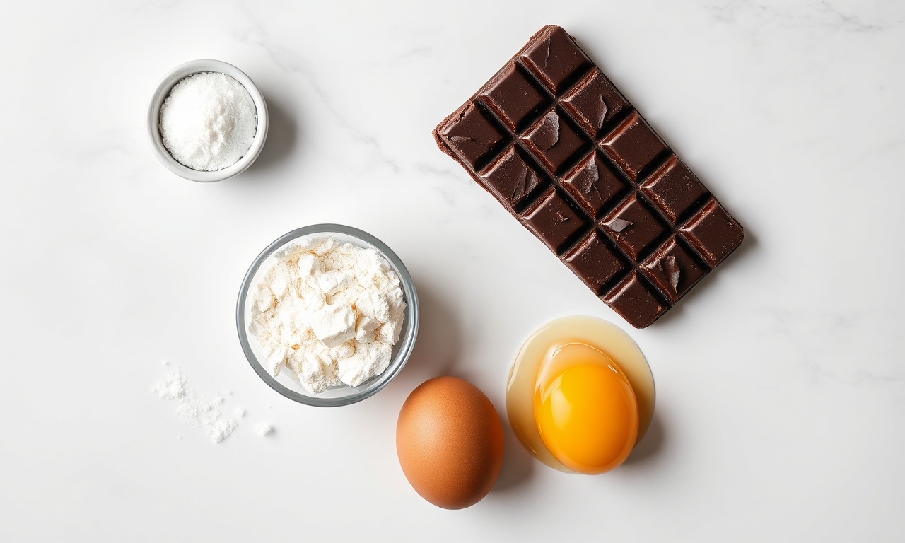 Vista de cima dos ingredientes simples e de qualidade: chocolate, manteiga, ovos, farinha, açúcar e sal.