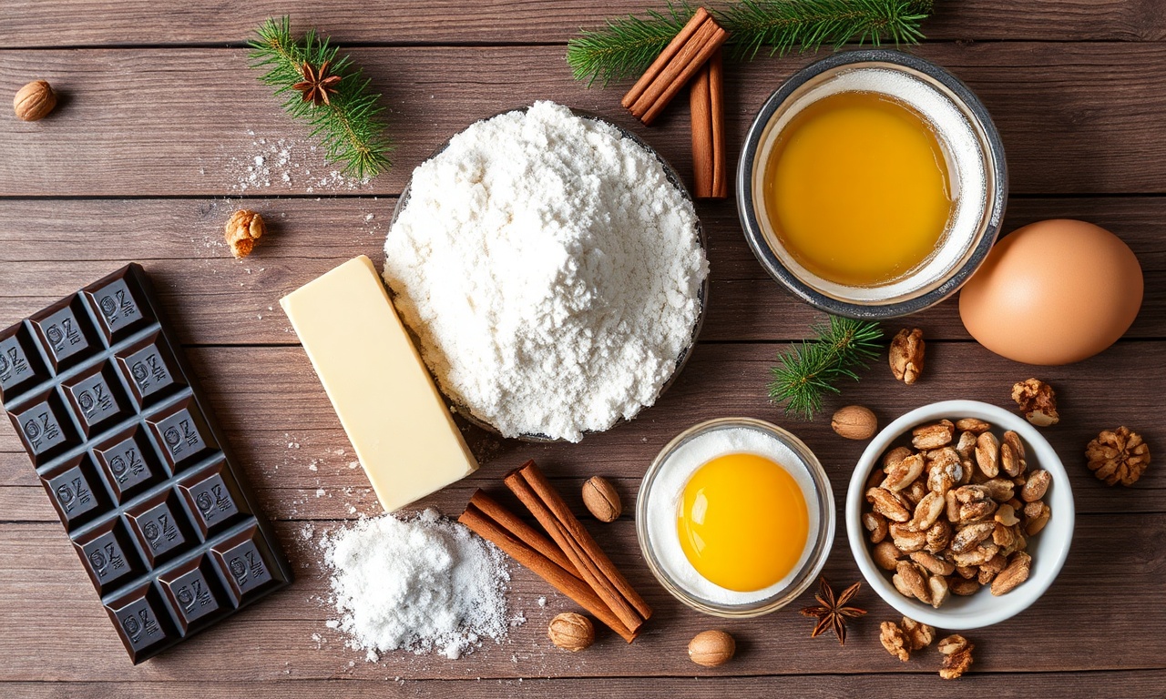 Vista de cima dos ingredientes organizados: chocolate meio amargo, manteiga, ovos, açúcares, farinha, canela, cravo e nozes.