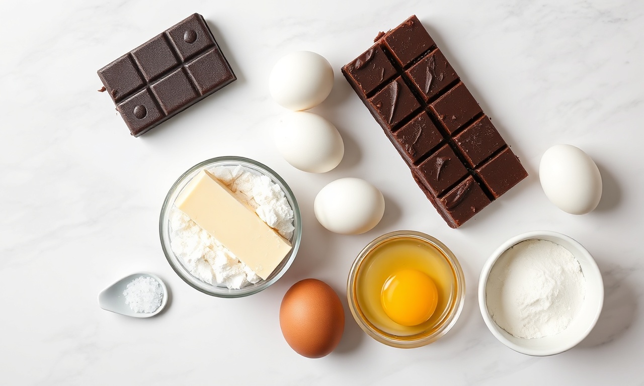 Brownie Perfeito Com Casquinha Crocante: Receita Fácil Em 40 Min 4 Vista de cima dos 7 ingredientes organizados sobre superfície de mármore.