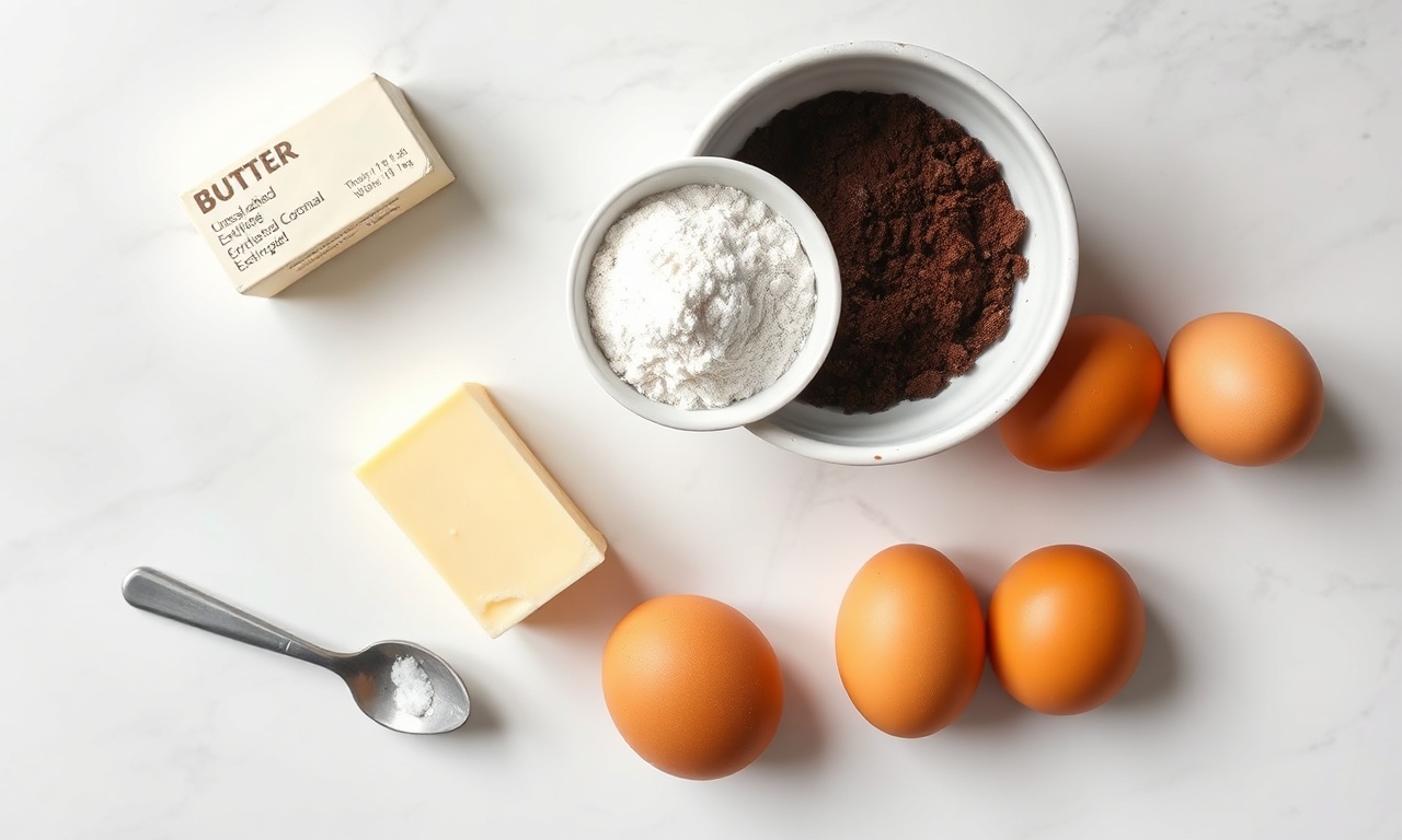 Vista de cima dos 6 ingredientes organizados: manteiga, cacau, ovos, adoçantes, farinha e sal.