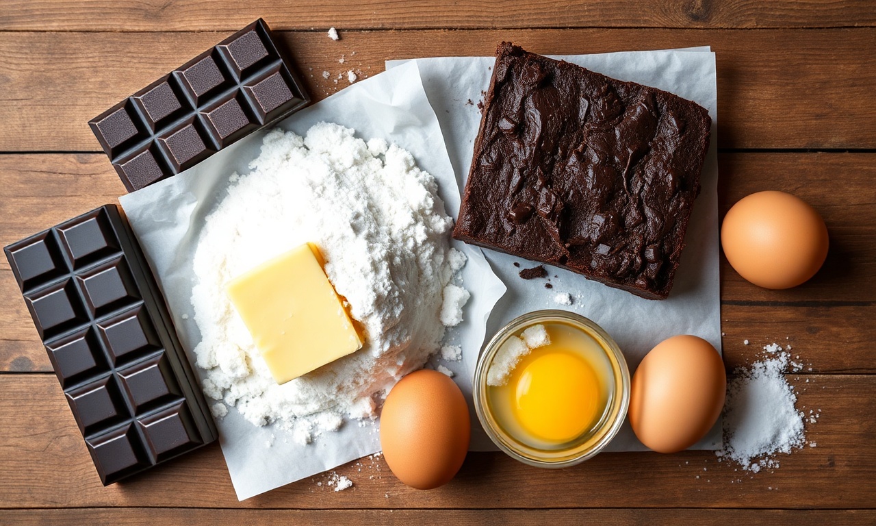 Vista de cima dos 6 ingredientes principais: chocolate em barra, manteiga, açúcar, ovos, farinha e sal.