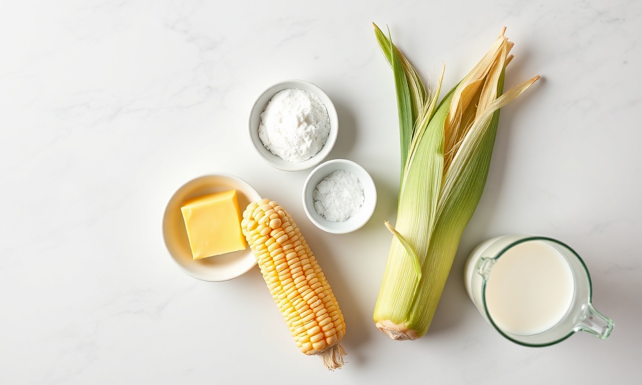 Vista de cima dos 5 ingredientes: espigas de milho, manteiga, açúcar, sal e leite.
