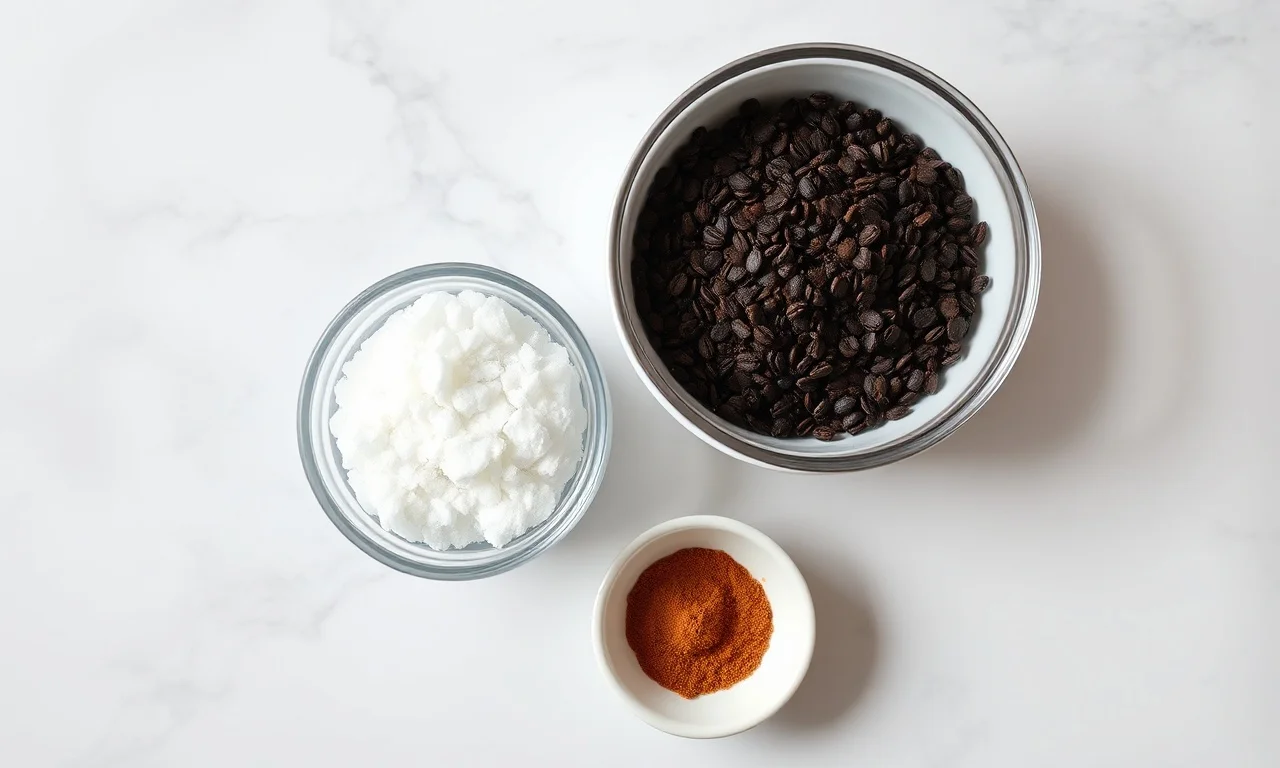 Vista de cima dos ingredientes organizados: café solúvel, açúcar e água