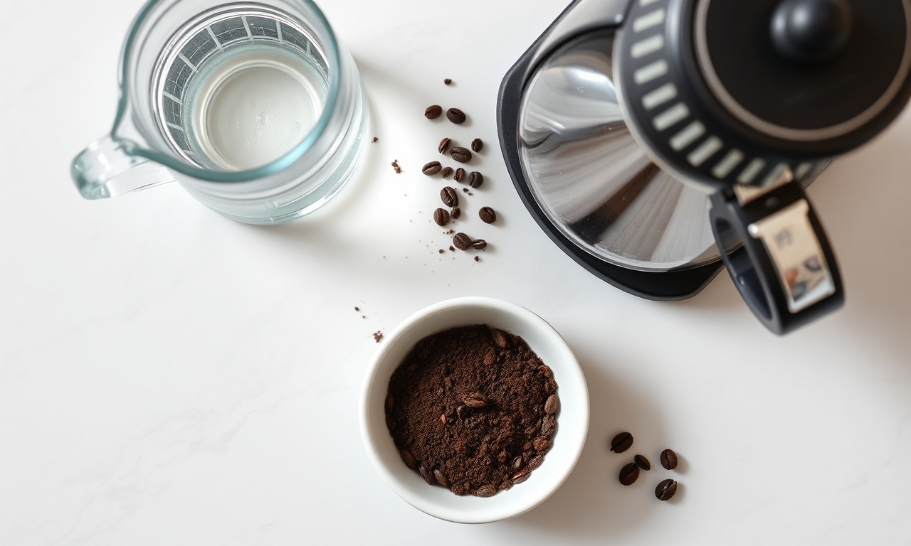 Vista de cima dos dois ingredientes essenciais: café moído grosso e água filtrada.