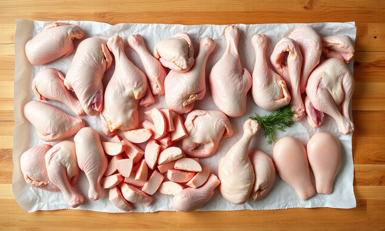 Vista de cima de grandes quantidades de frango cru: coxas, sobrecoxas e peitos, representando a compra para um evento.