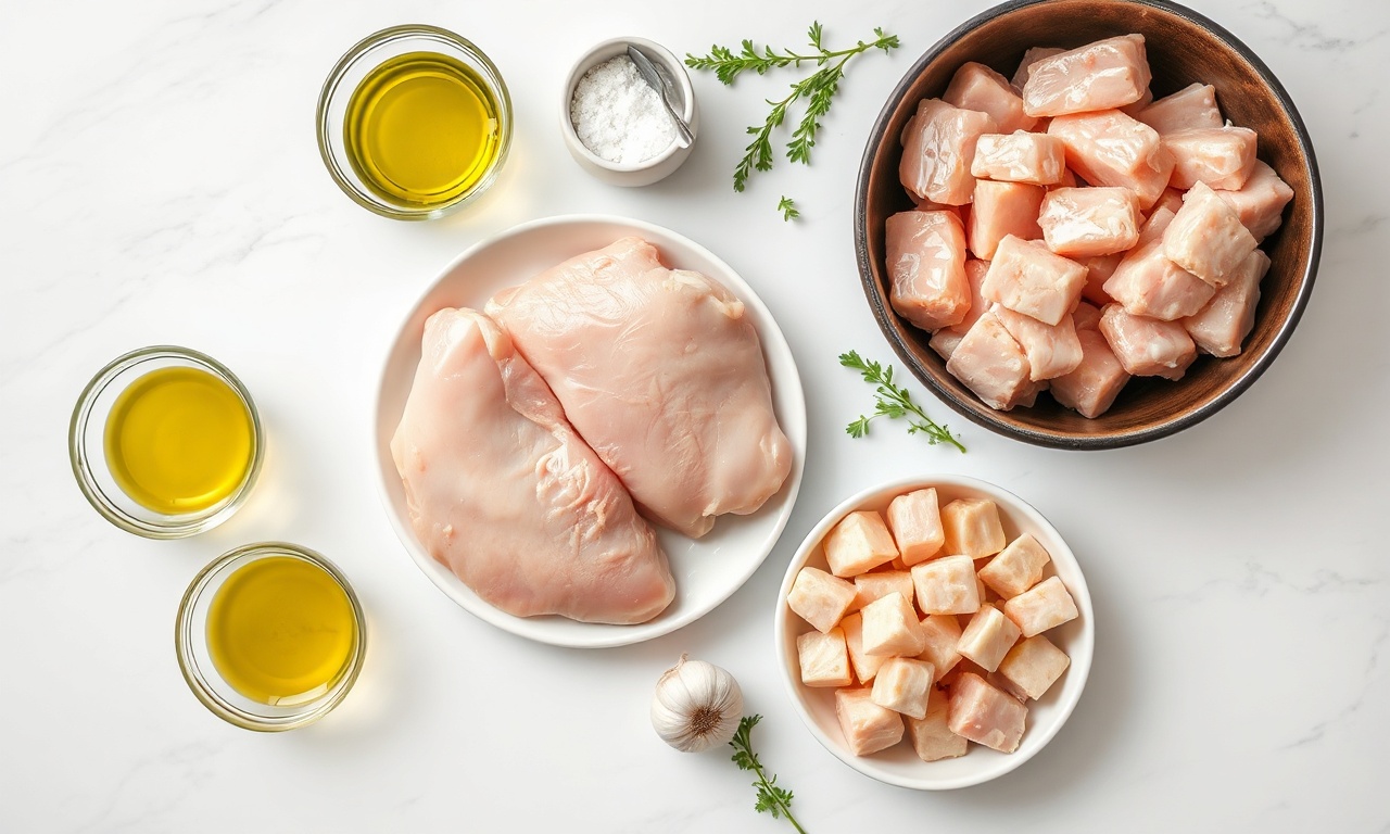 Vista de cima de diferentes cortes de frango crus e temperos