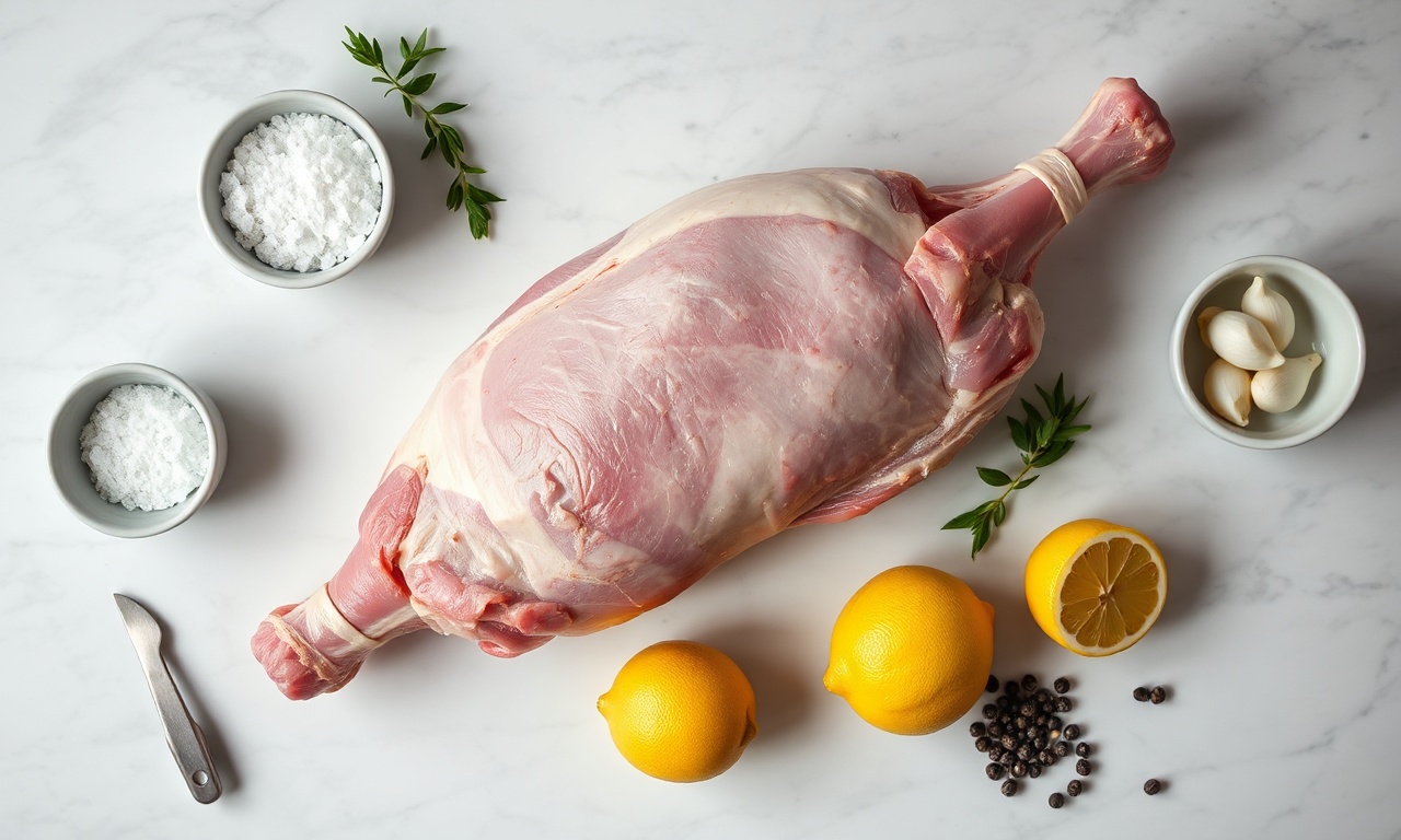 Peça de pernil crua ao lado de sal grosso, limões e temperos