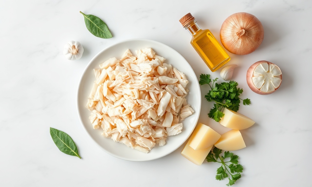 Caldinho De Bacalhau Cremoso Com Batata Amassada No Caldo 4 Vista de cima dos ingredientes frescos e secos organizados para a receita.