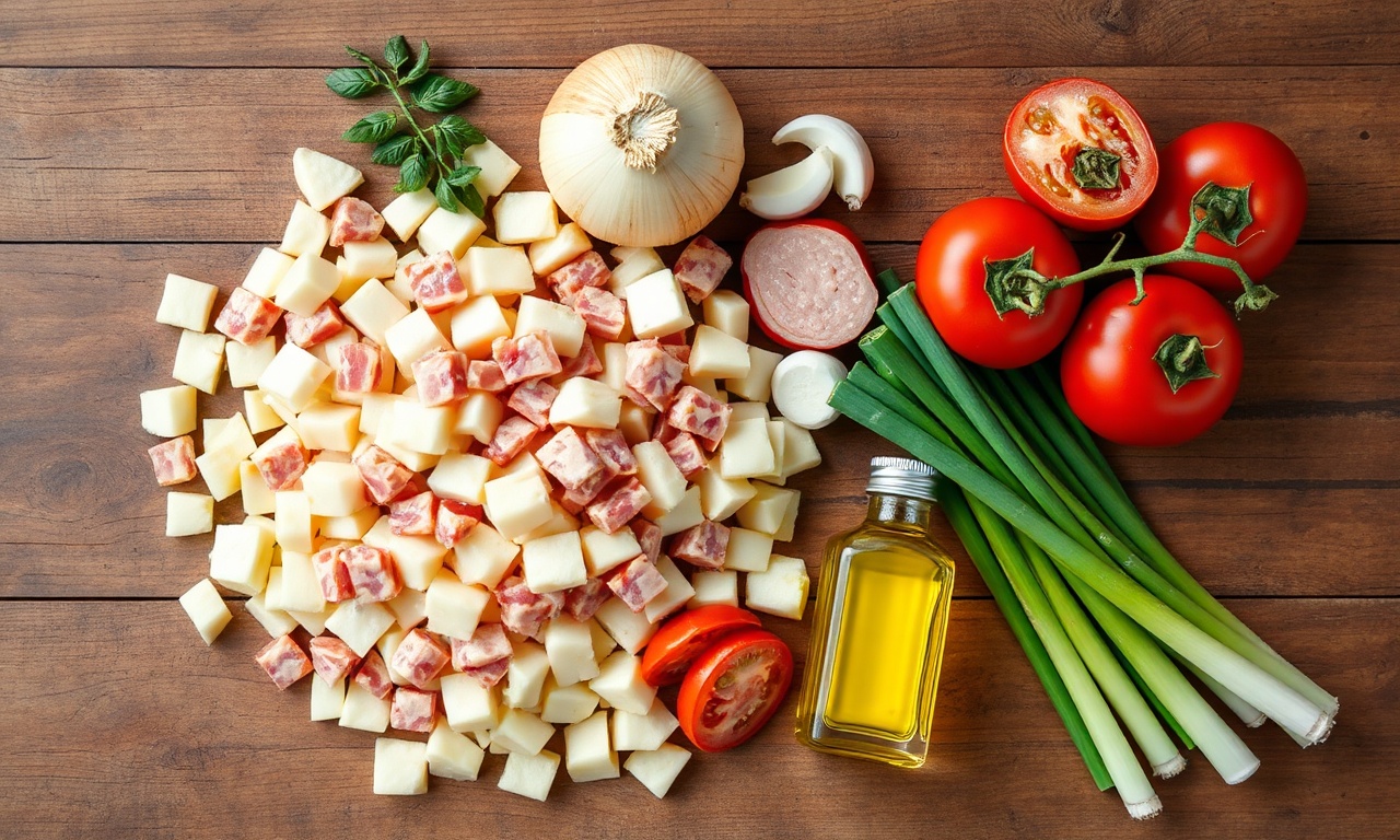 Vista de cima dos ingredientes organizados sobre uma superfície de madeira.