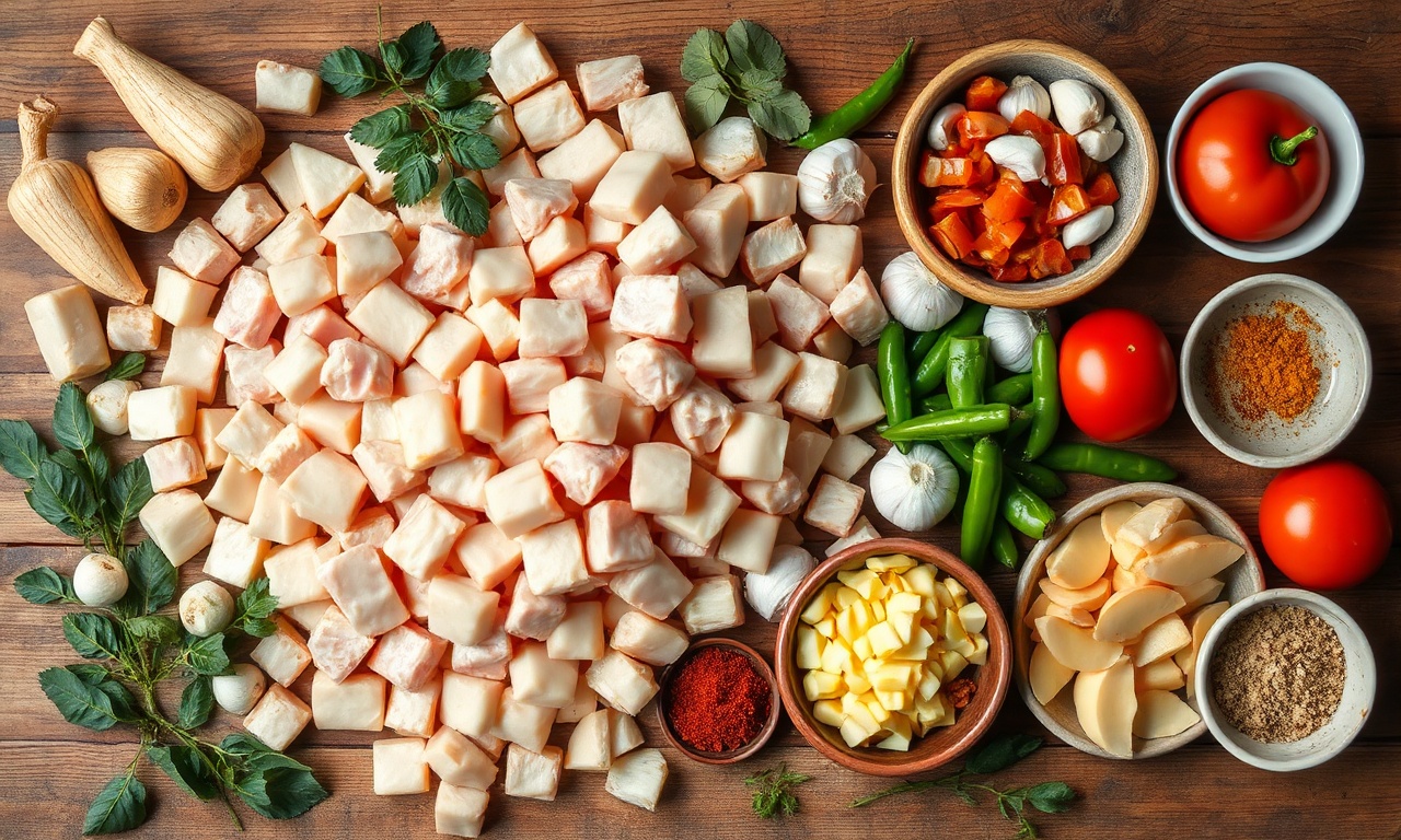 Vista de cima dos principais ingredientes organizados sobre superfície de madeira.