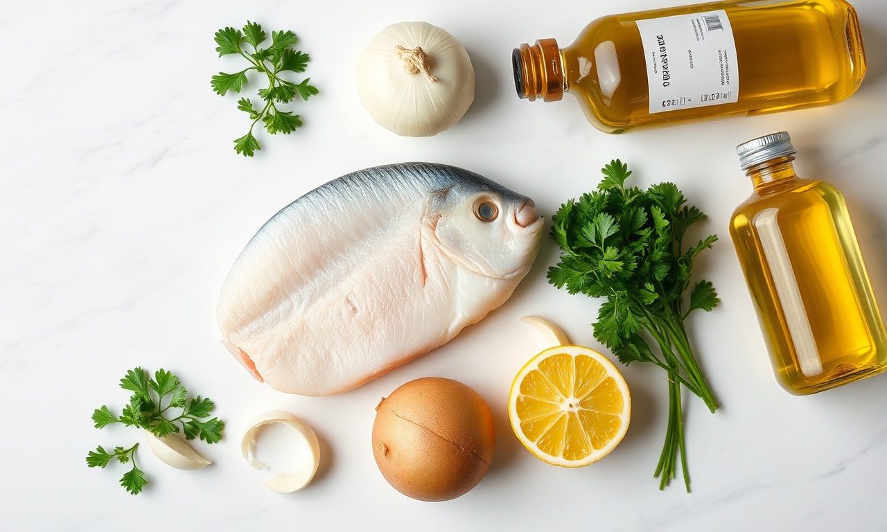 Caldo De Peixe Cremoso: Fácil Em 35 Min Com 8 Ingredientes 4 Vista de cima dos ingredientes frescos organizados sobre uma superfície de mármore.