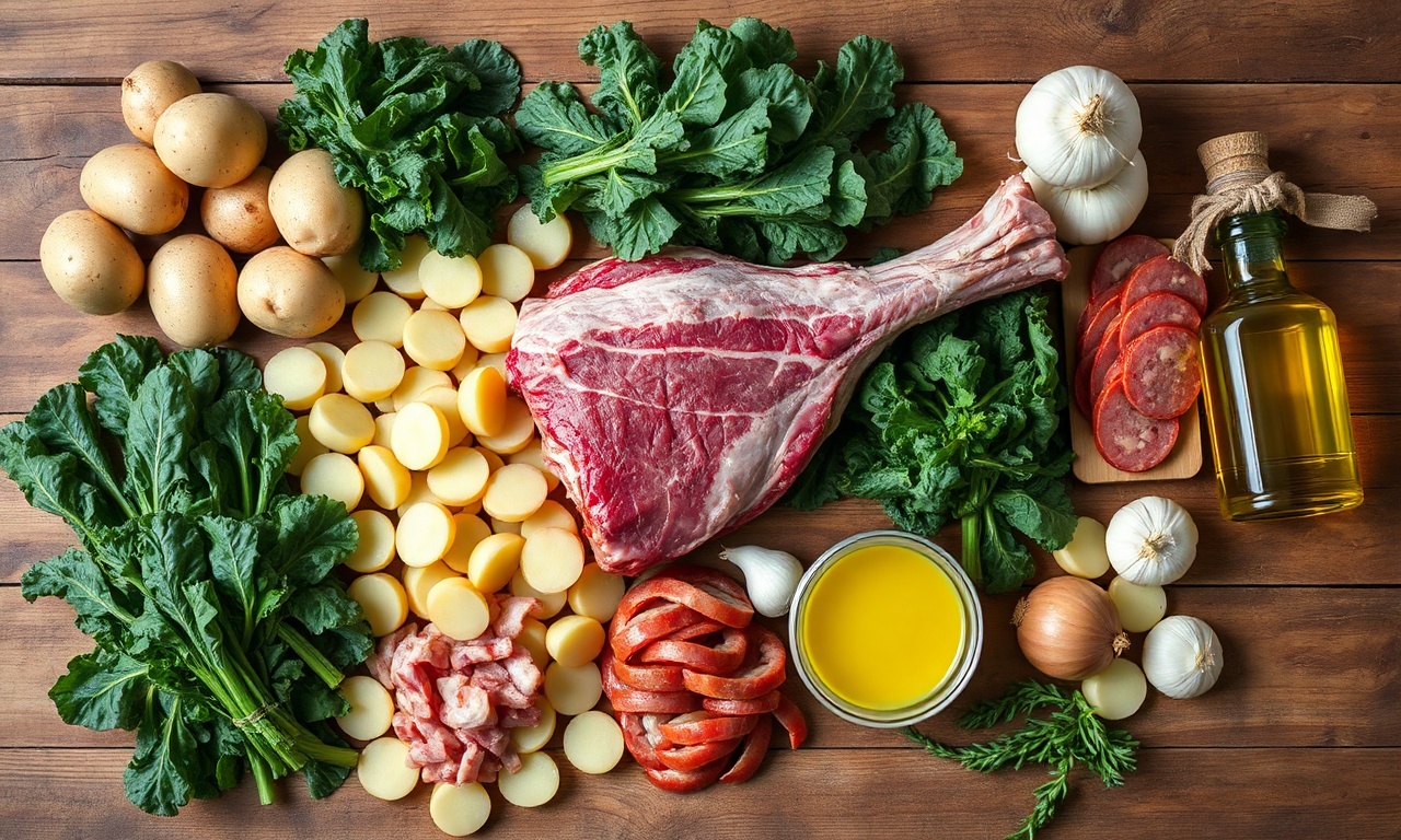 Vista de cima com todos os ingredientes crus prontos para o preparo.