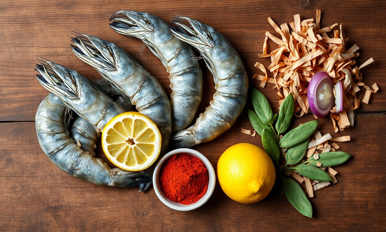 Vista de cima dos ingredientes frescos organizados sobre uma superfície de madeira.