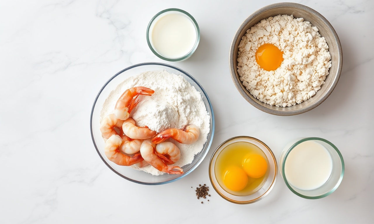 Camarão Empanado Com Farinha De Trigo: Crocante E Fácil 4 Vista de cima dos ingredientes frescos e organizados.