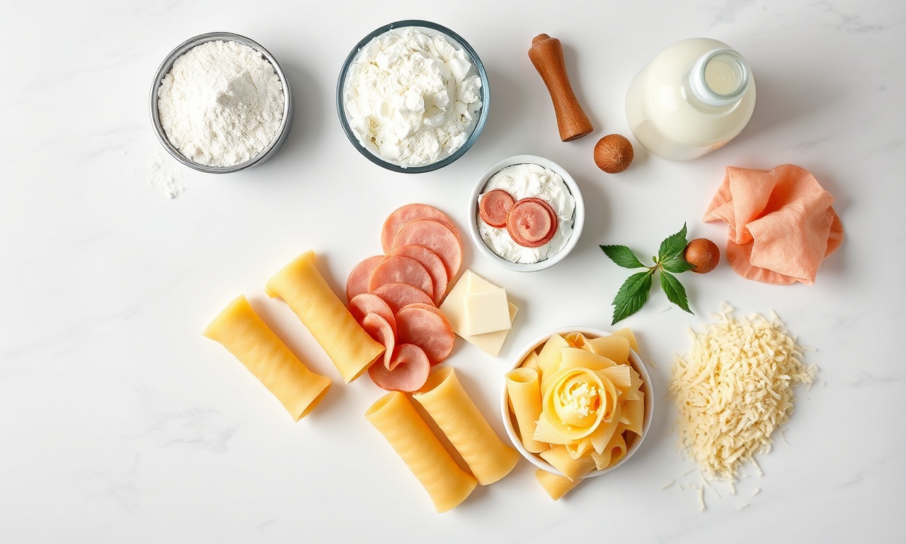 Vista de cima dos ingredientes organizados sobre superfície de mármore.