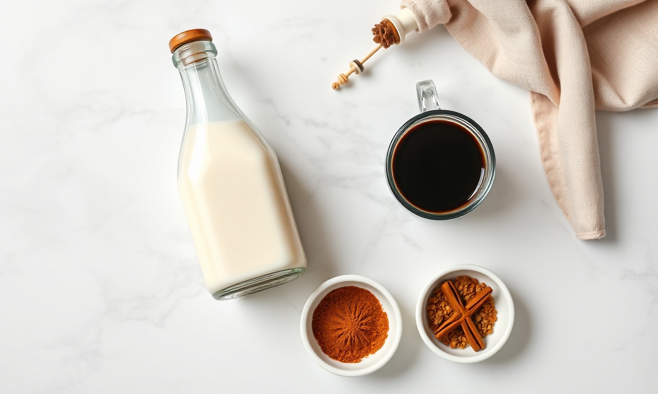 Leite de amêndoas, café espresso e especiarias em um fundo de mármore.