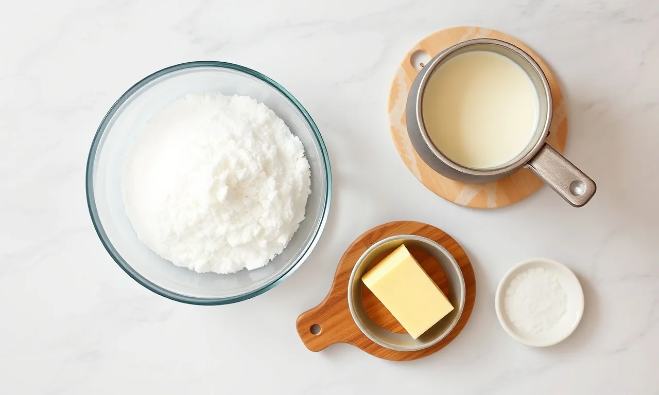 Vista de cima dos ingredientes simples e essenciais para o caramelo.