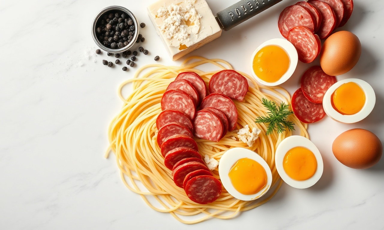 Vista de cima dos seis ingredientes organizados sobre superfície de mármore.