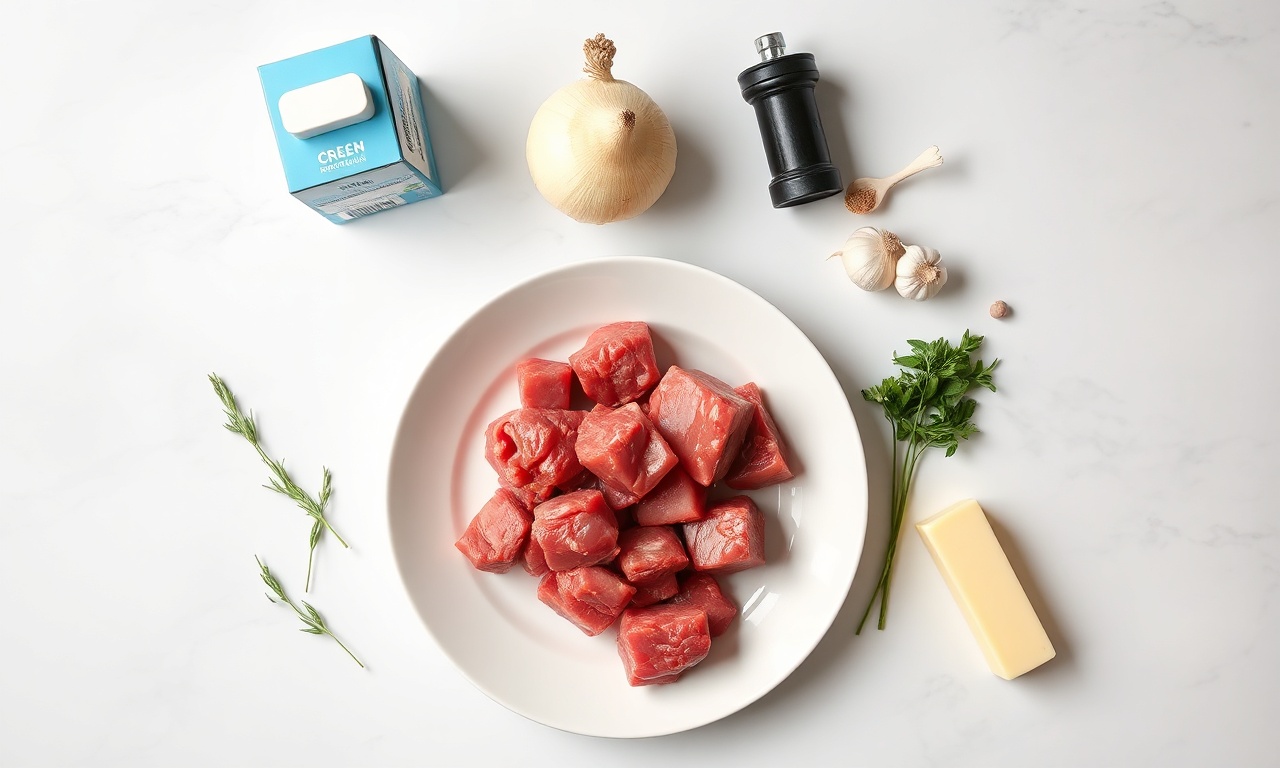 Carne Ao Molho Branco: Fácil E Cremosa Em Apenas 30 Minutos 4 Vista de cima dos ingredientes simples e frescos para a receita.