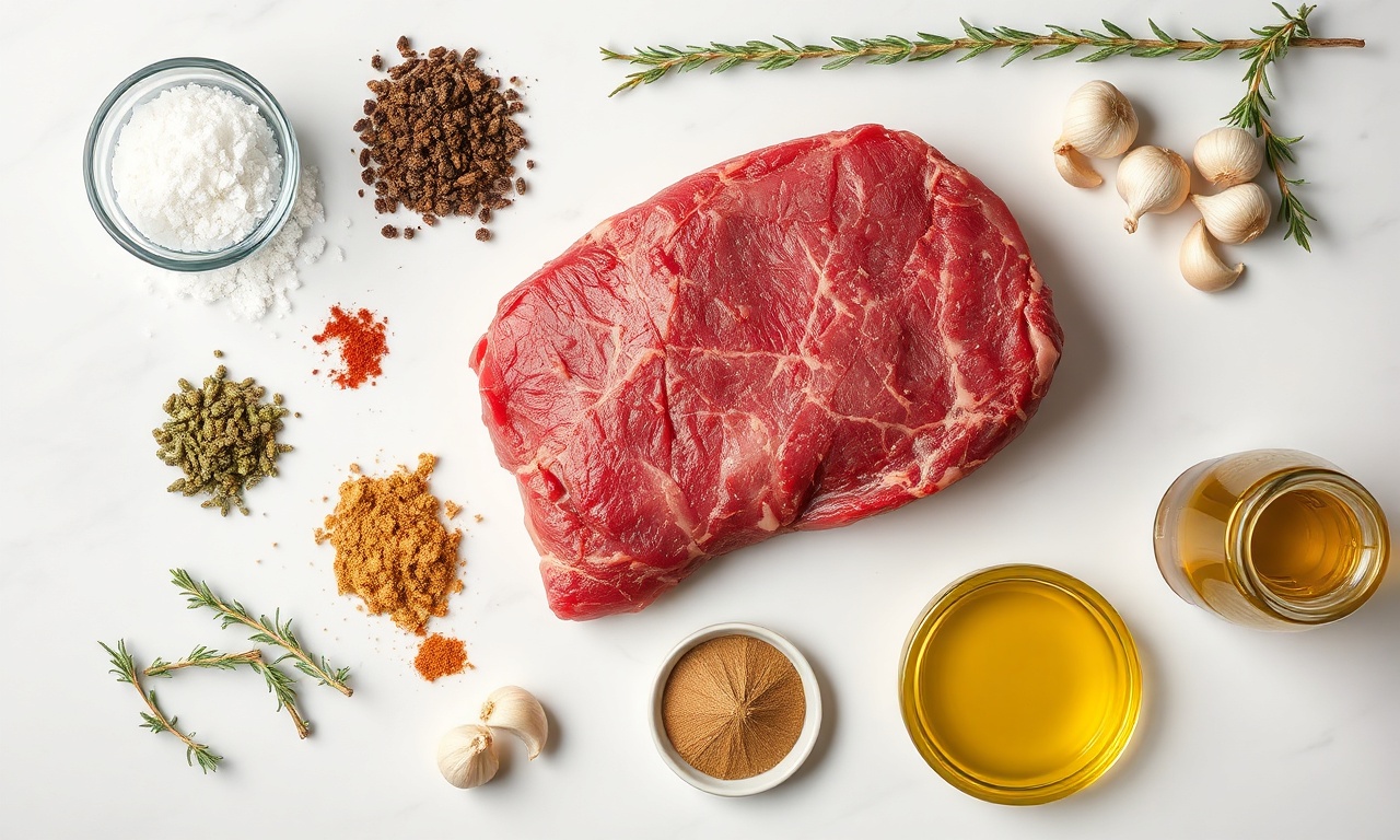 Vista de cima dos 10 temperos e da carne crua organizados