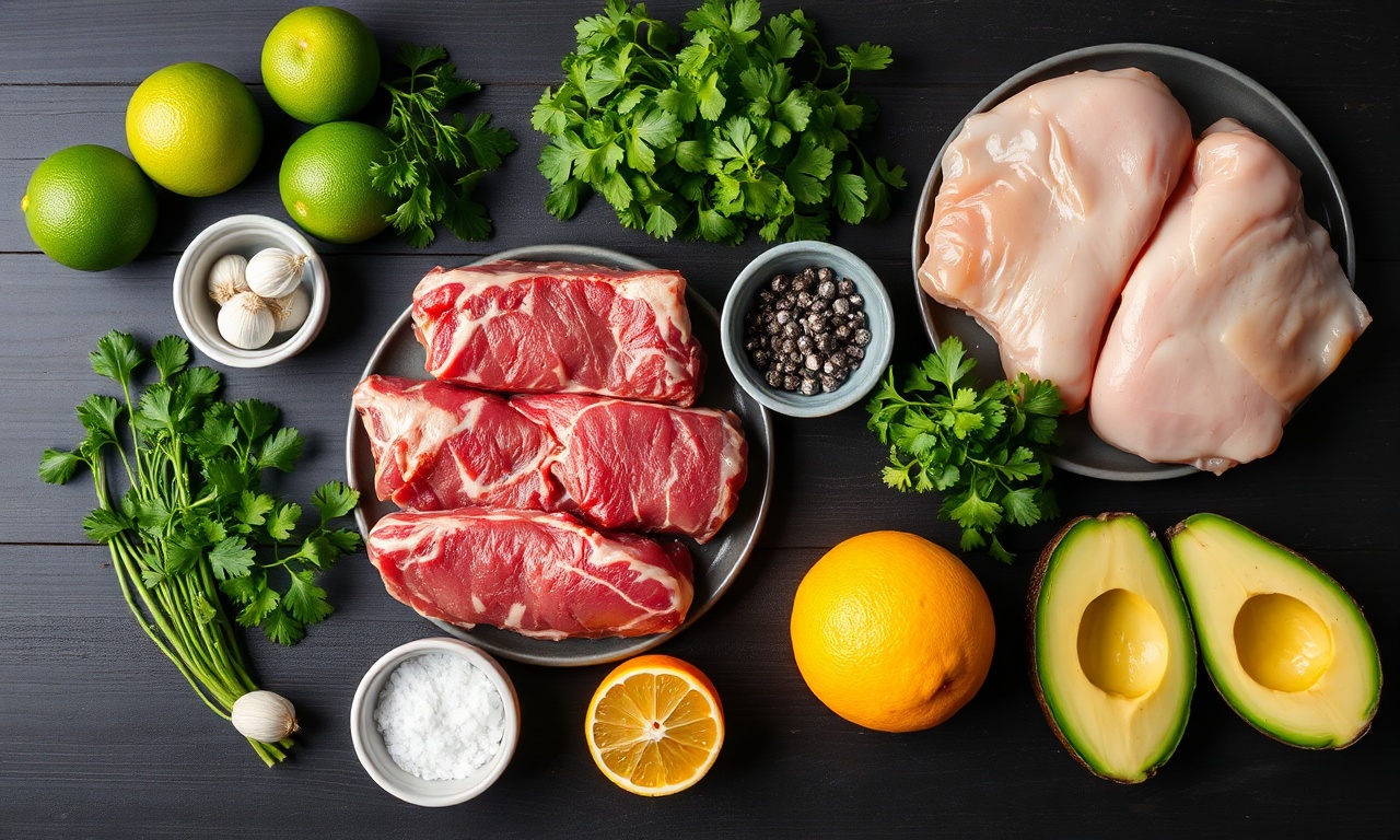 Carne Com Guacamole: 6 Combinações Perfeitas E Rápidas 4 Vista de cima dos cortes de carne e temperos frescos.