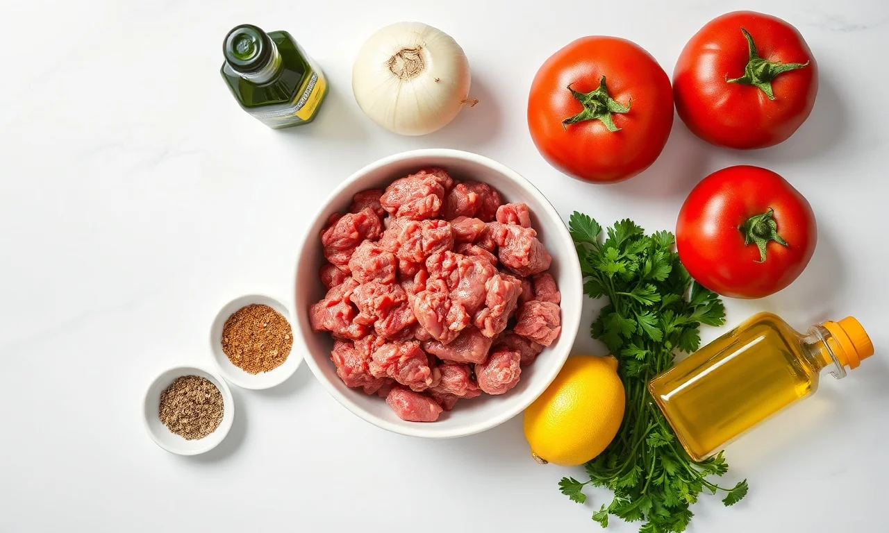 Vista de cima dos ingredientes frescos e temperos organizados sobre superfície de mármore.