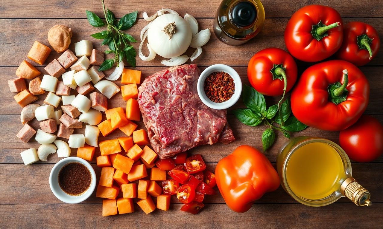Vista de cima dos ingredientes organizados em uma superfície de madeira.