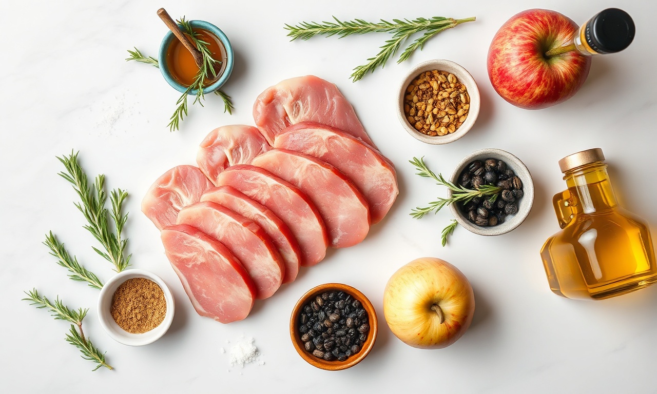 Vista de cima dos ingredientes frescos e temperos organizados sobre superfície de mármore.