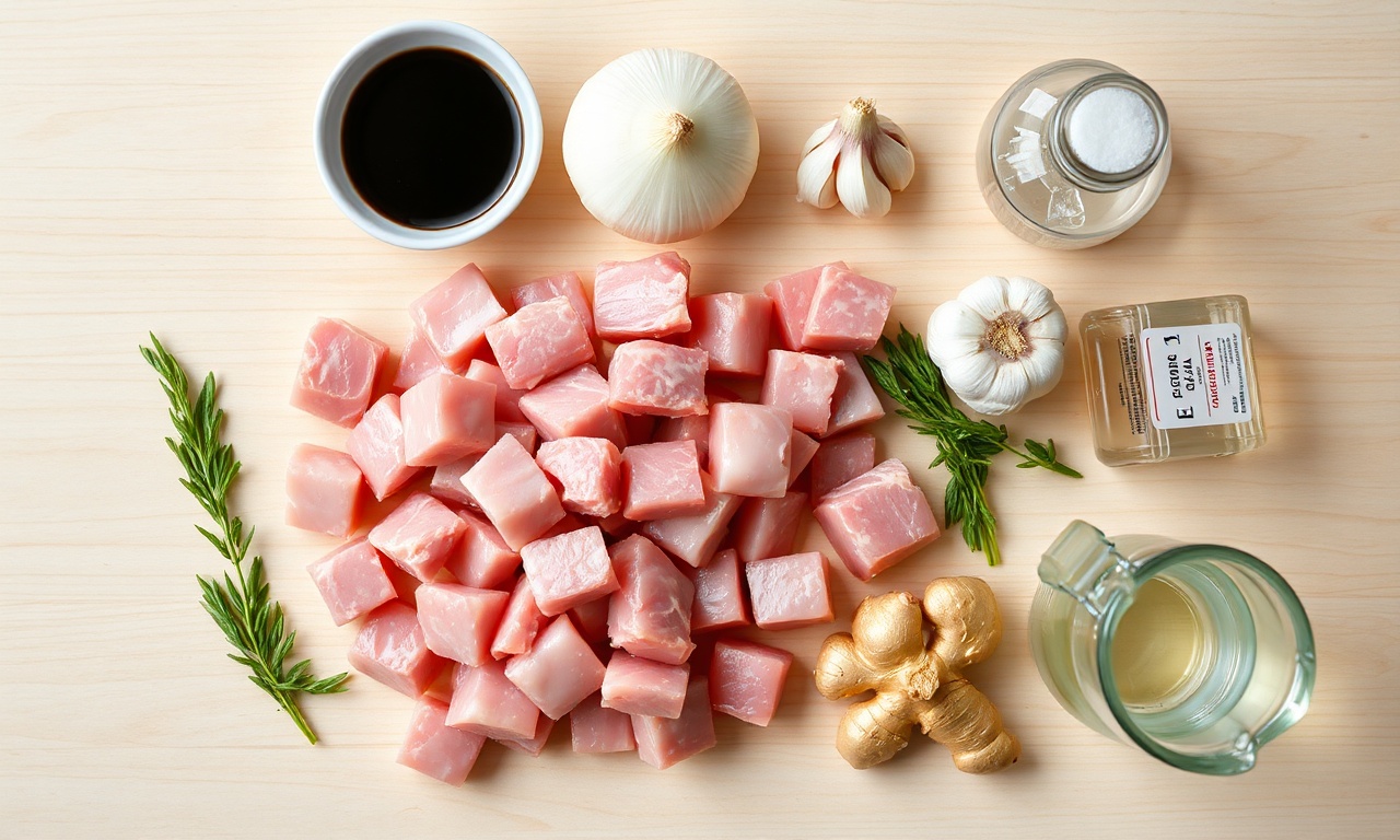 Carne De Porco Com Molho Shoyu: Fácil E Macia Em 45 Min 4 Vista de cima dos ingredientes frescos e molhos organizados sobre uma superfície de madeira.