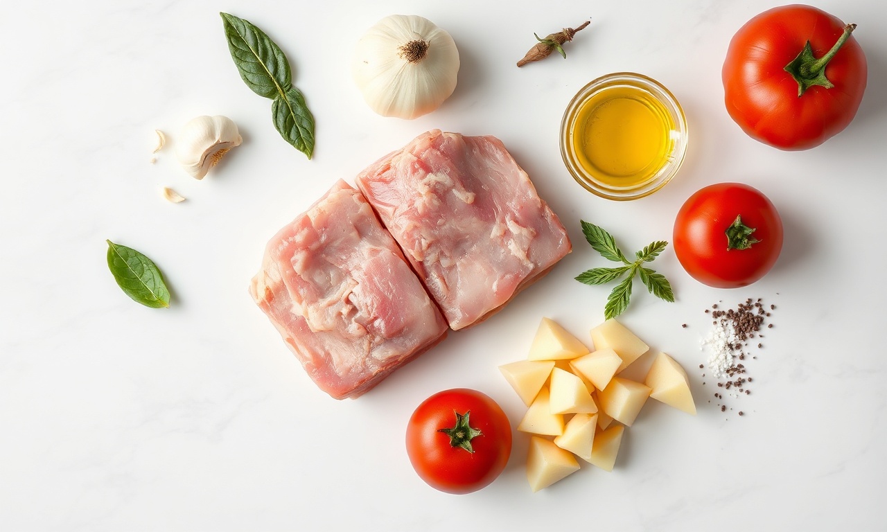 Carne De Porco Na Panela De Pressão: Macia Em 45 Min 4 Vista de cima dos ingredientes frescos e temperos prontos para o preparo.