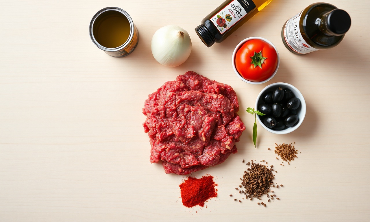 Carne Moída Com Molho Solta E Saborosa Em 30 Minutos 4 Vista de cima dos ingredientes crus e frescos organizados sobre superfície de madeira.