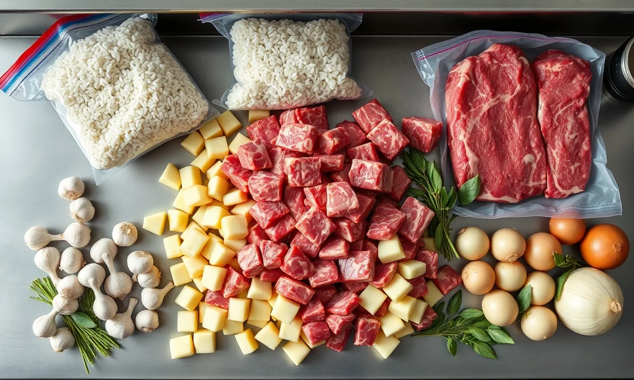 Vista de cima dos ingredientes organizados em grandes quantidades