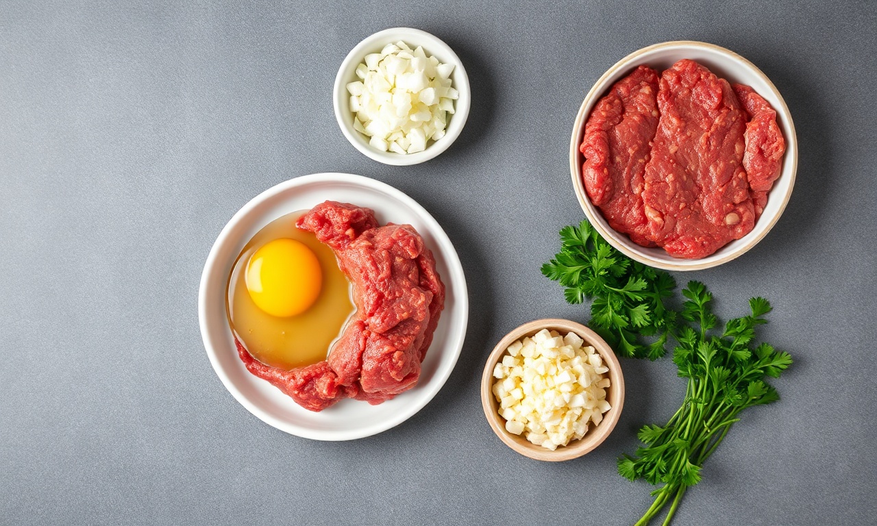 Vista de cima dos ingredientes organizados para a massa das almôndegas