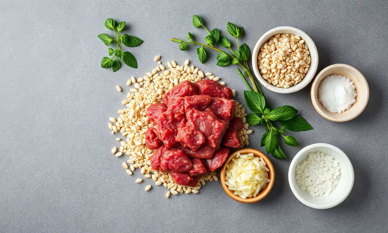 Vista de cima dos ingredientes organizados para a massa do kibe
