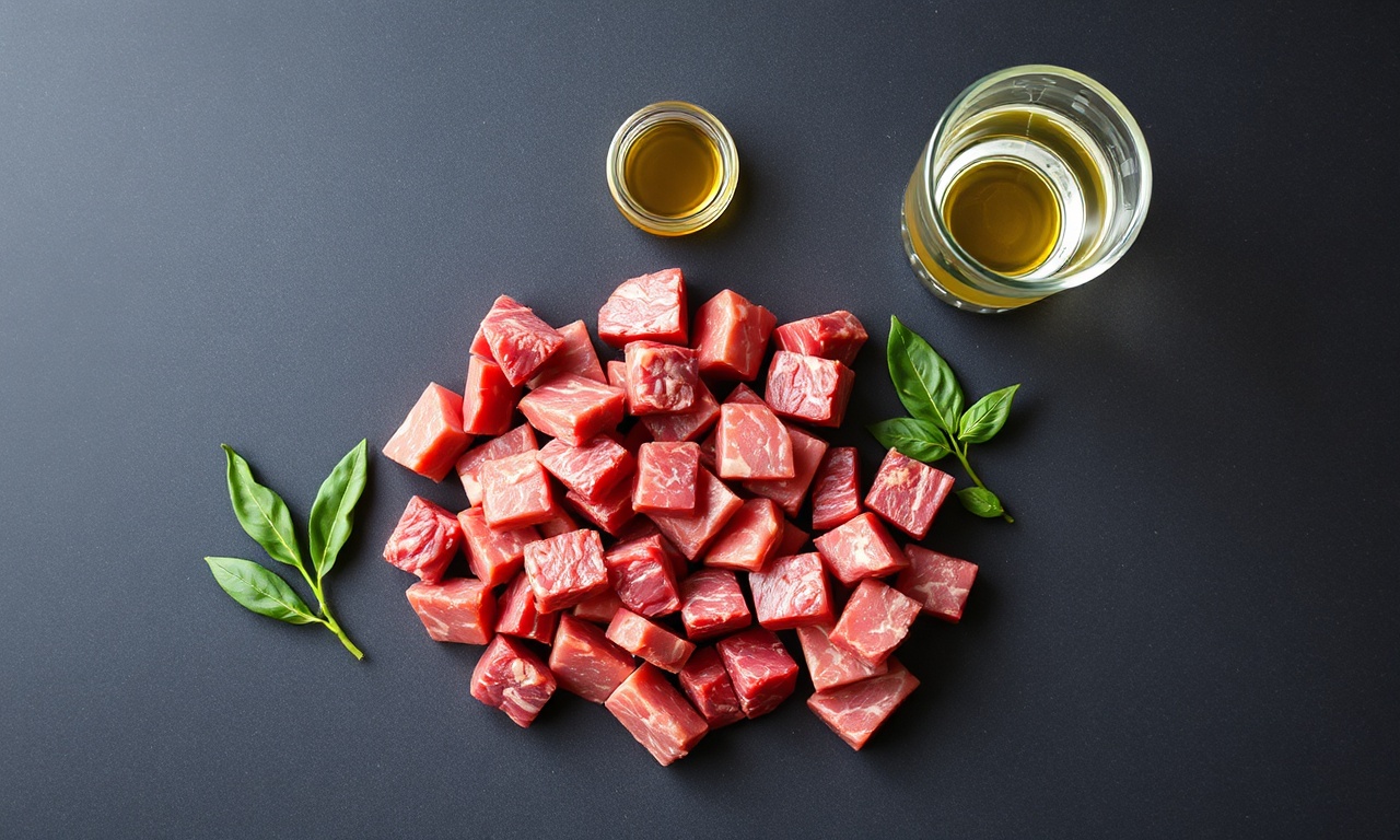 Vista de cima dos cubos de carne seca, folhas de louro e água