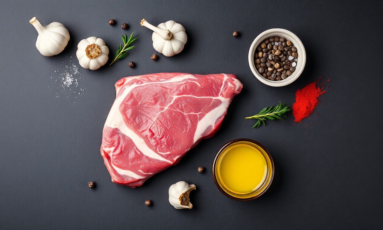 Carne Suína Na Churrasqueira: Suculenta Em 40 Minutos 4 Vista de cima dos ingredientes organizados: peça de picanha suína, alho, azeite, sal grosso, pimenta e páprica.