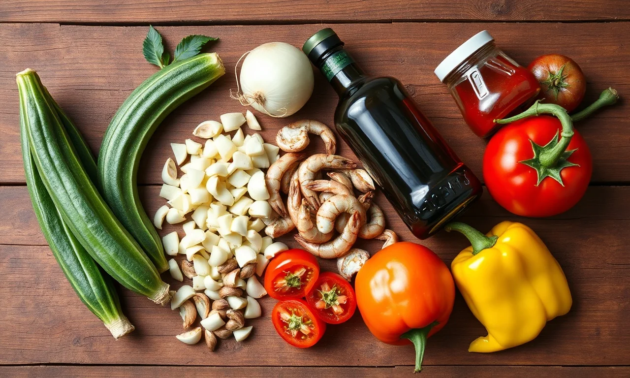 Vista de cima dos ingredientes frescos para caruru.