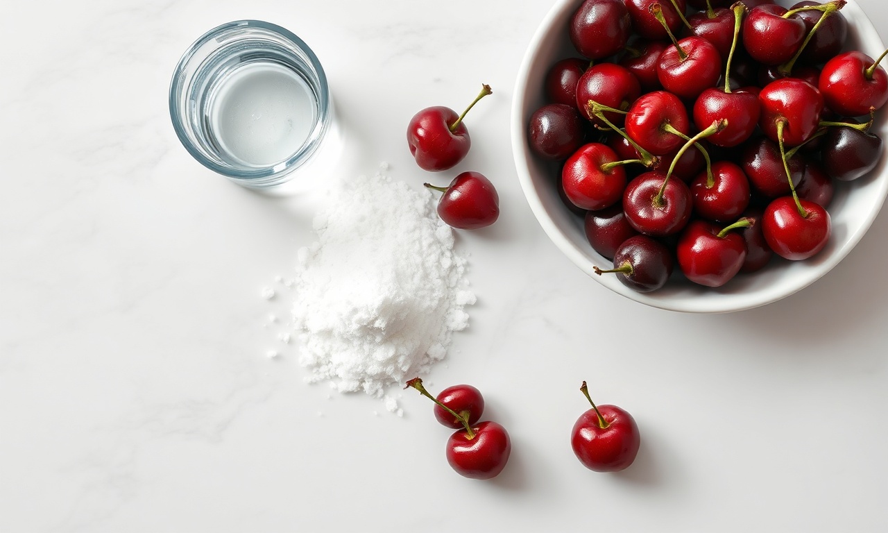 Vista de cima dos 3 ingredientes simples: cerejas frescas, açúcar e água.