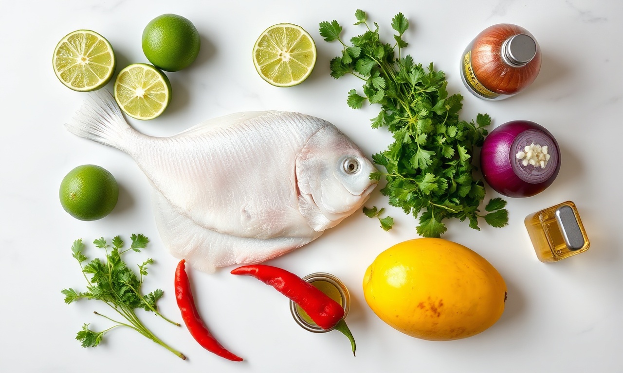 Vista de cima dos ingredientes frescos e coloridos para o ceviche.