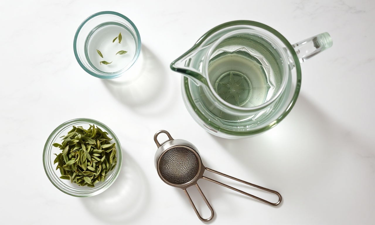 Vista de cima dos ingredientes simples: erva-mate e água filtrada.