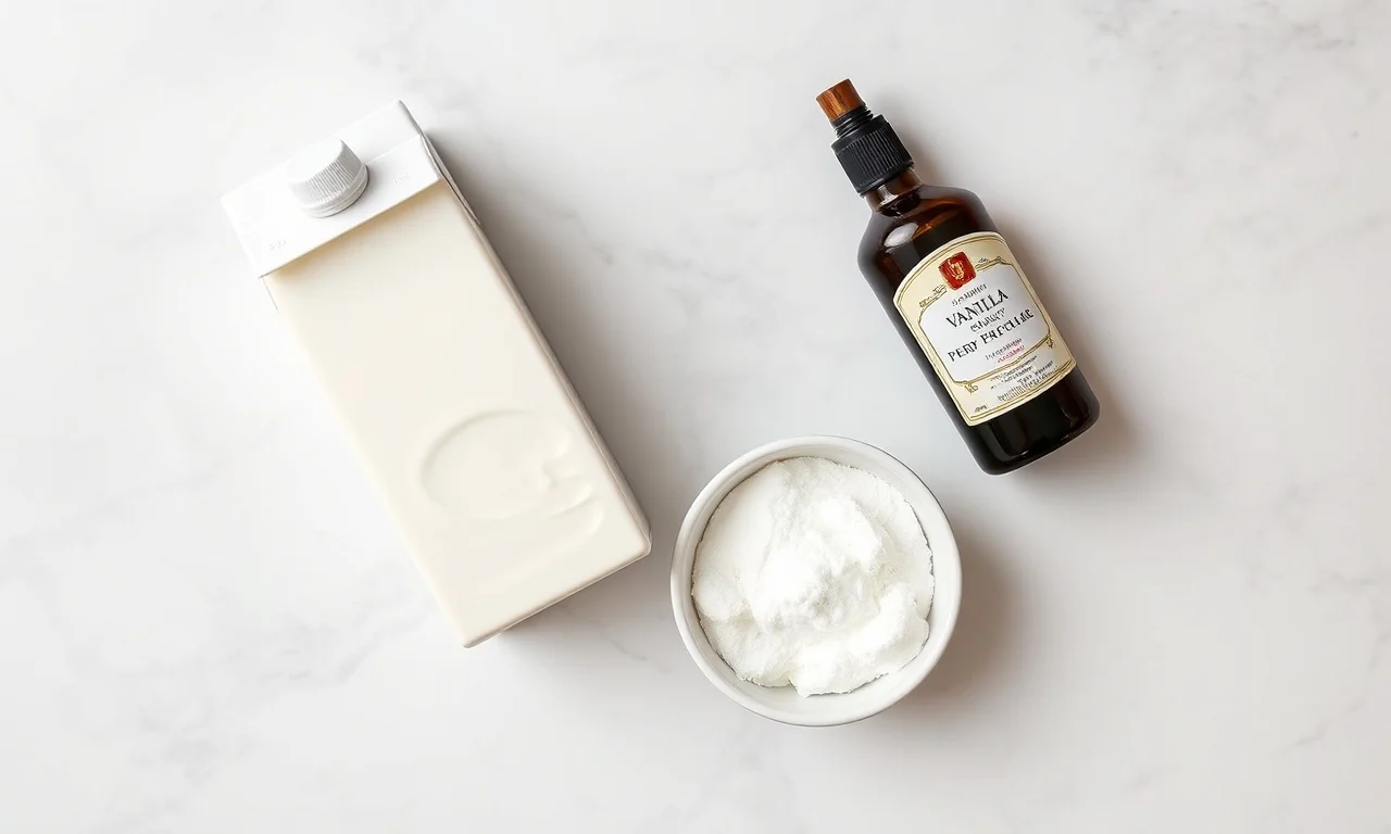 Vista de cima dos 3 ingredientes: creme de leite fresco, açúcar de confeiteiro e baunilha.